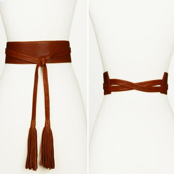Raina Bronco Leather Wrap Belt with Pouch Bag Brown Cognac Tassels Made in USA - Picture 2 of 9